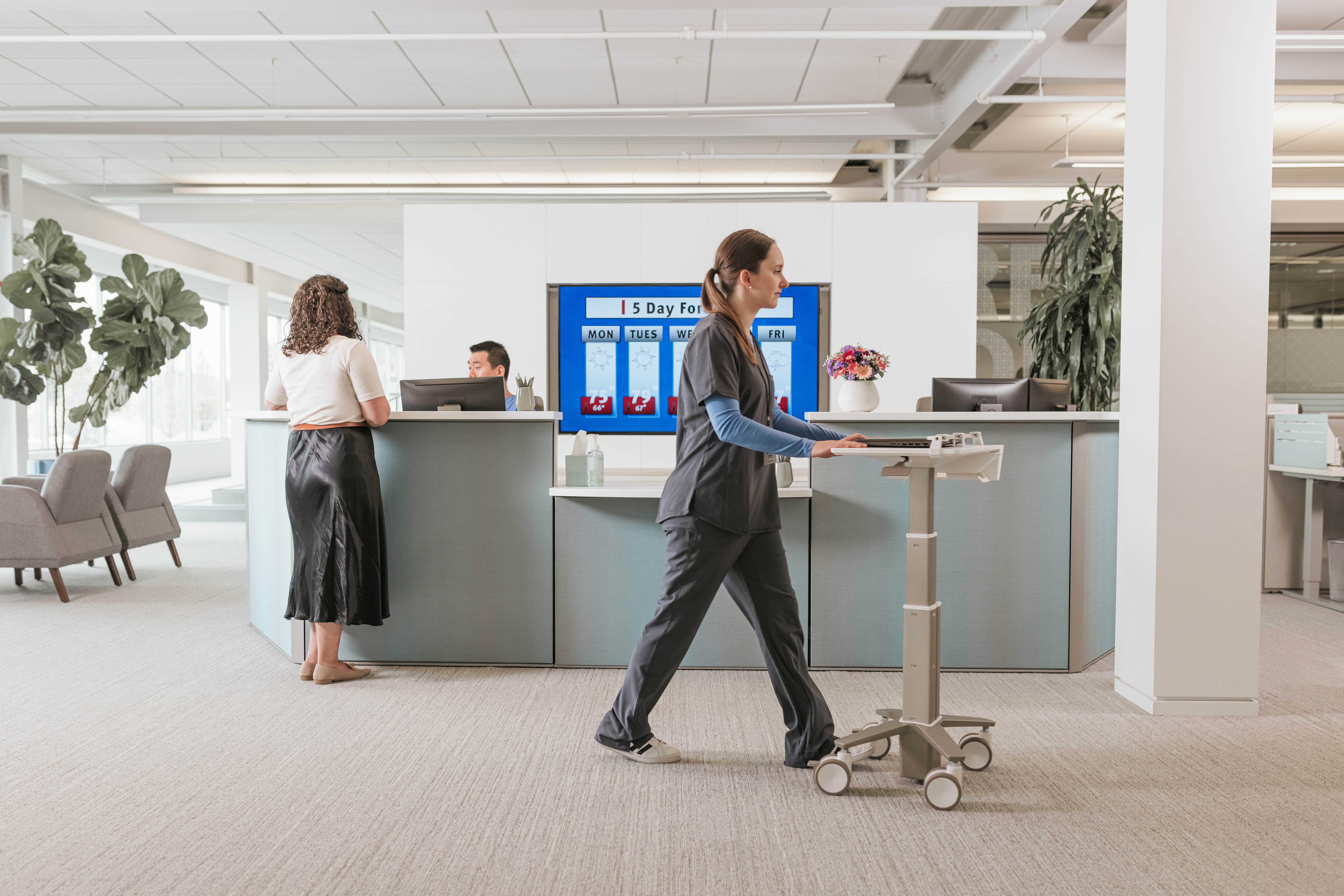 Haworth Ergotron monitor arms, mobile carts, sit-stand workstations in healthcare arena