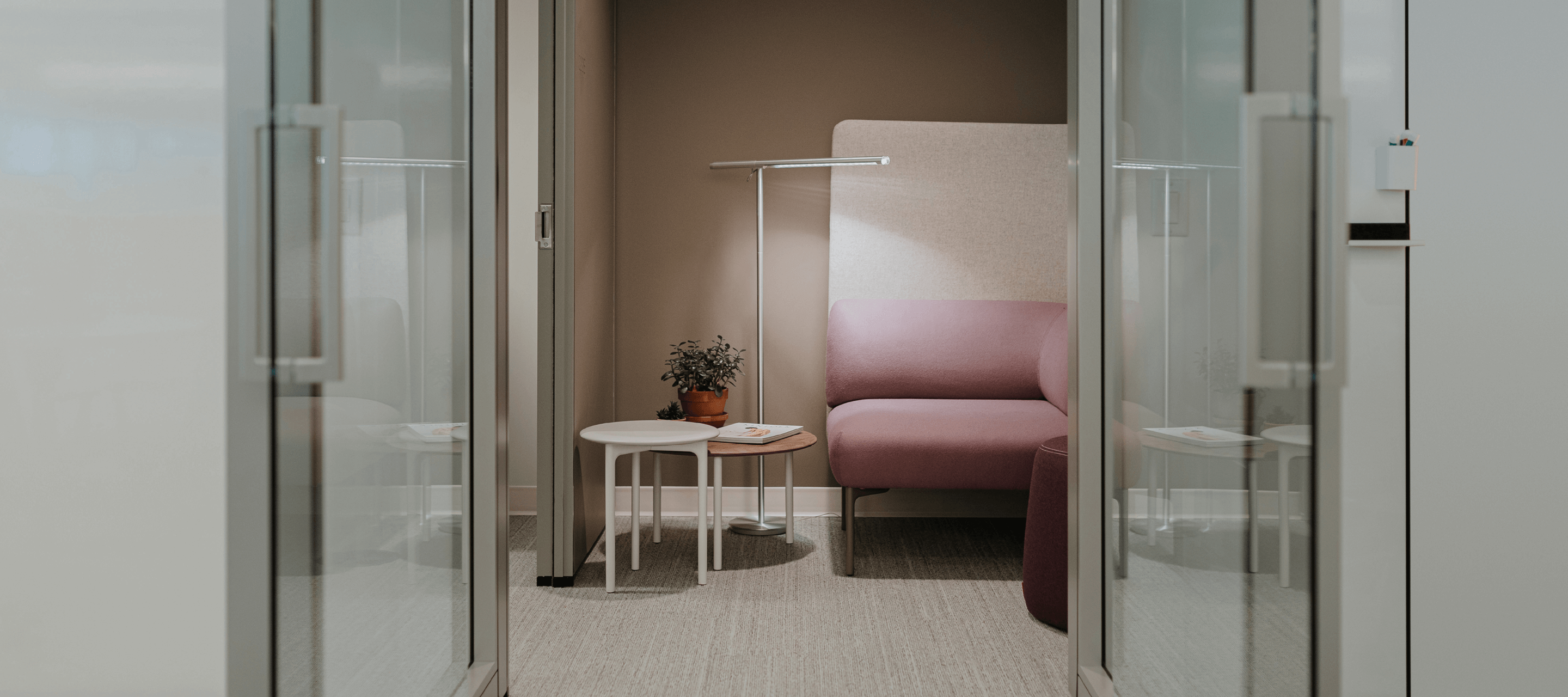 Haworth Acoustic Header Desktop Design Guide showing a closed off restorative space featuring a Cabana lounge