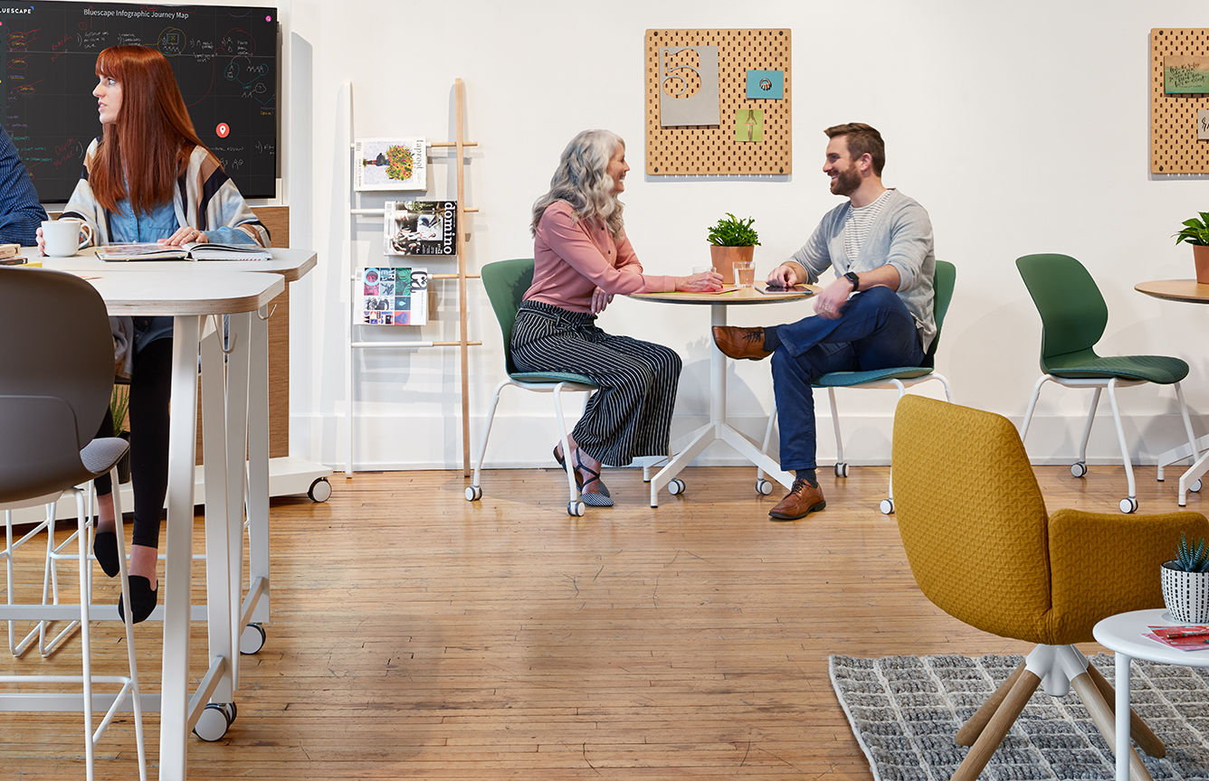 Collaborative lounge space featuring poppy lounge chair and maari. 