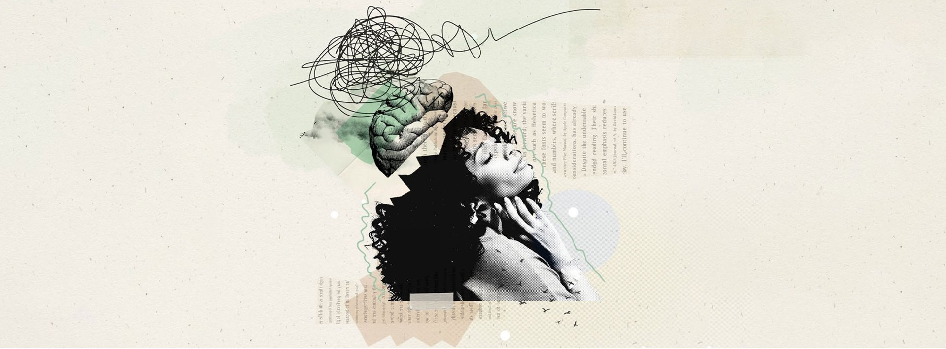 A graphic showing a woman, a brain and a swirl of lines