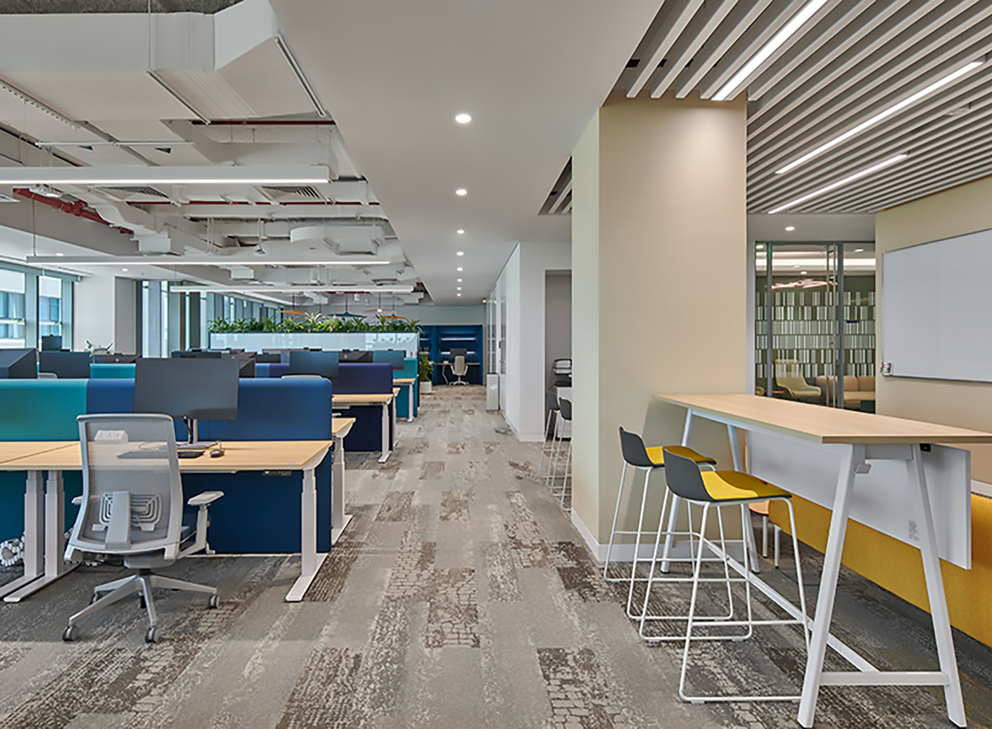 Collaborative spirit with various meeting configurations, open spaces, and bench seating designed for teamwork and creativity.