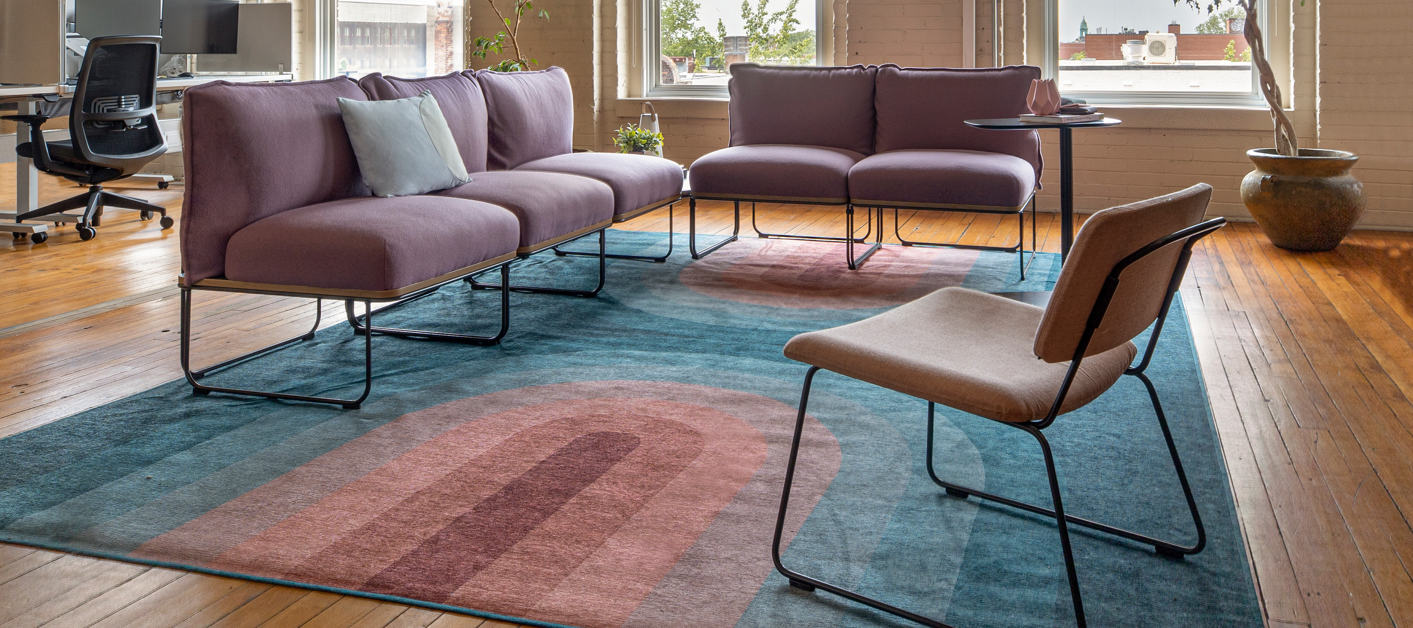 Haworth Resonate couch in purple in Ubisoft office view 1