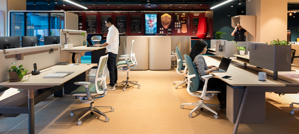 The Workstation area showcases how productivity and comfort come together through thoughtful design. Built to support focus, collaboration, and flexibility, it reflects Haworth’s commitment to creating work environments that adapt to every need. At the core are Intuity double workstations paired with Zody LX, Zody II and Fern ergonomic office chairs. The HAT workstations offer height adjustability, and functionality is elevated with active components like pedestals, whiteboards, and desk accessories.  This area demonstrates how workstations can balance efficiency, personalisation, and well-being.