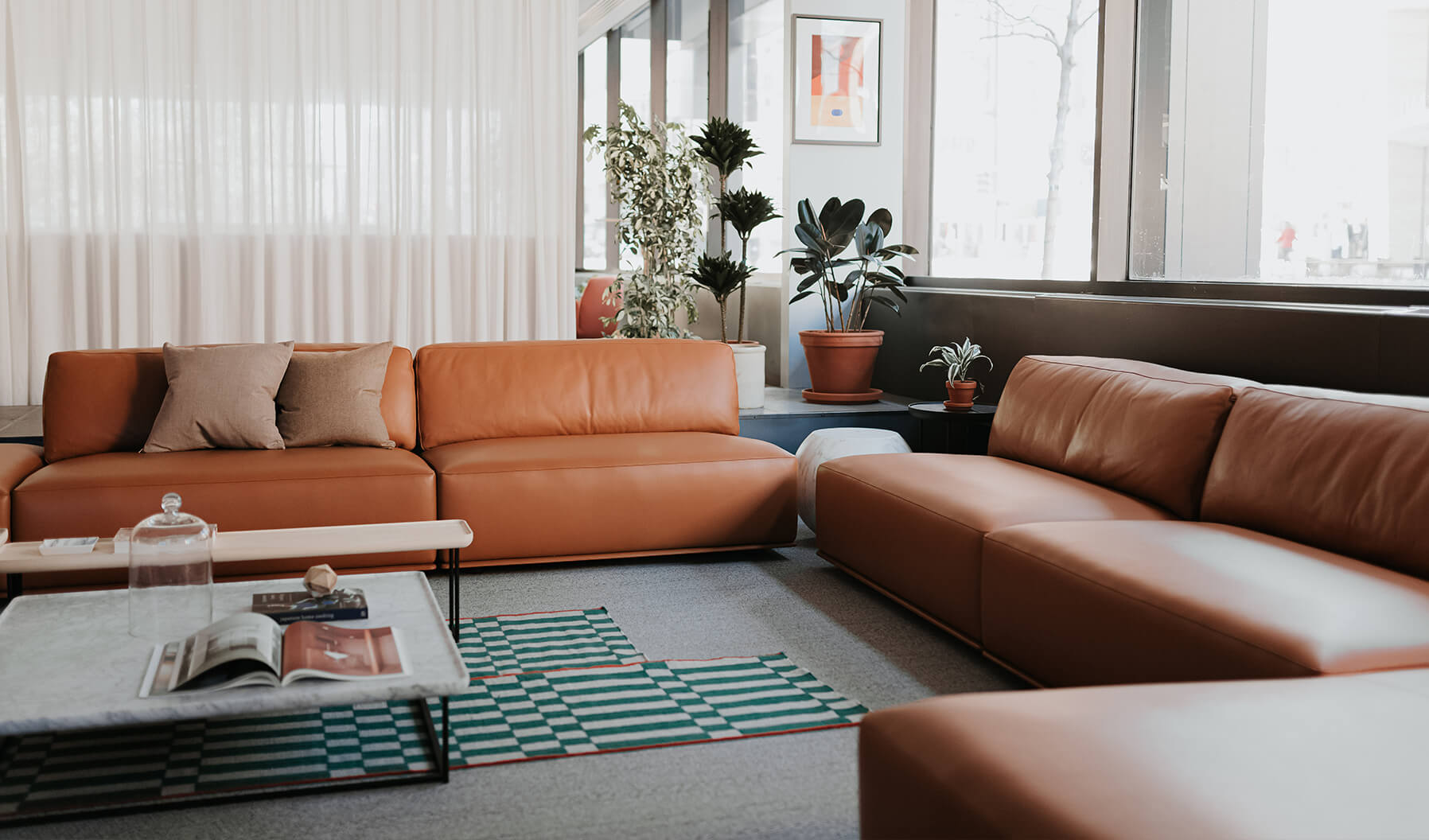 This lounge creates a Social Space that provides comfortable seating to
encourage interaction and collaboration with relaxed, seated postures.  Gan Rugs, Cassina side tables, pillows, and plants contribute to the
ambience.
