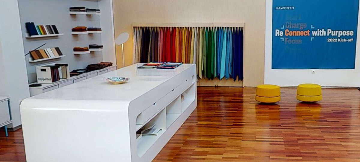 Every Haworth showroom has an area devoted to the presentation and selection of our vast range of fabrics, finishes, colours and materials.