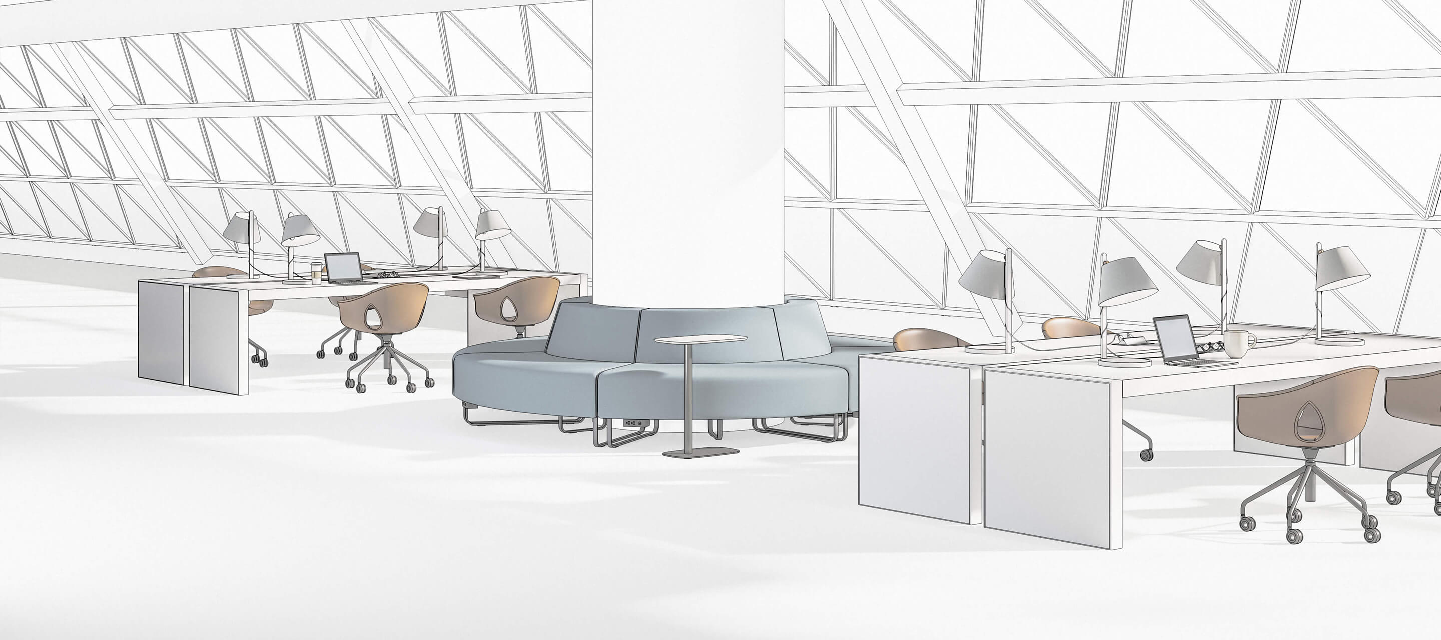 Haworth Community Idea Starter with open office concept with multiple desks and chairs next to each other and seating around support beam with open window space next to it