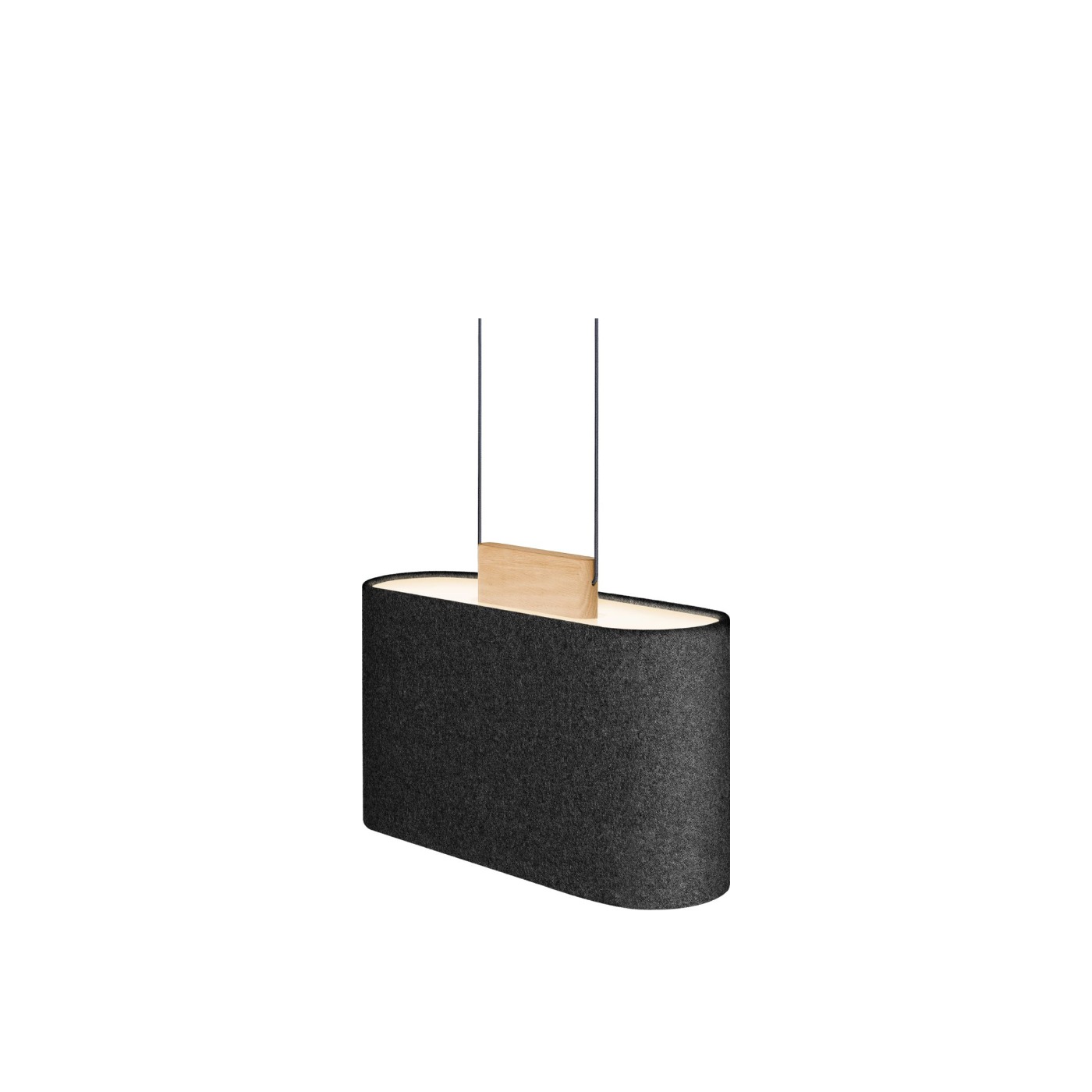 Haworth Belmont Lighting in black with cords hanging down with wood top