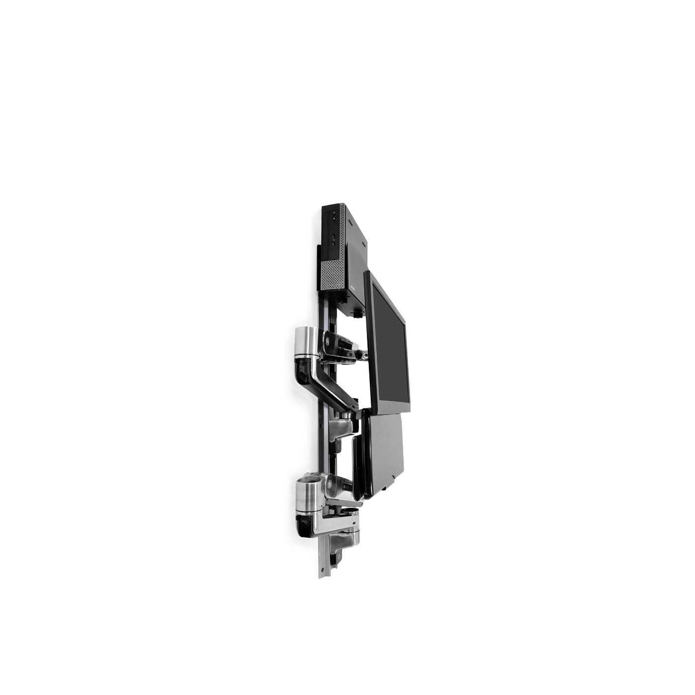 Haworth LX Wall Mount System Workspace with metal arms that can extend and fold and hold a monitor, pc, and keyboard