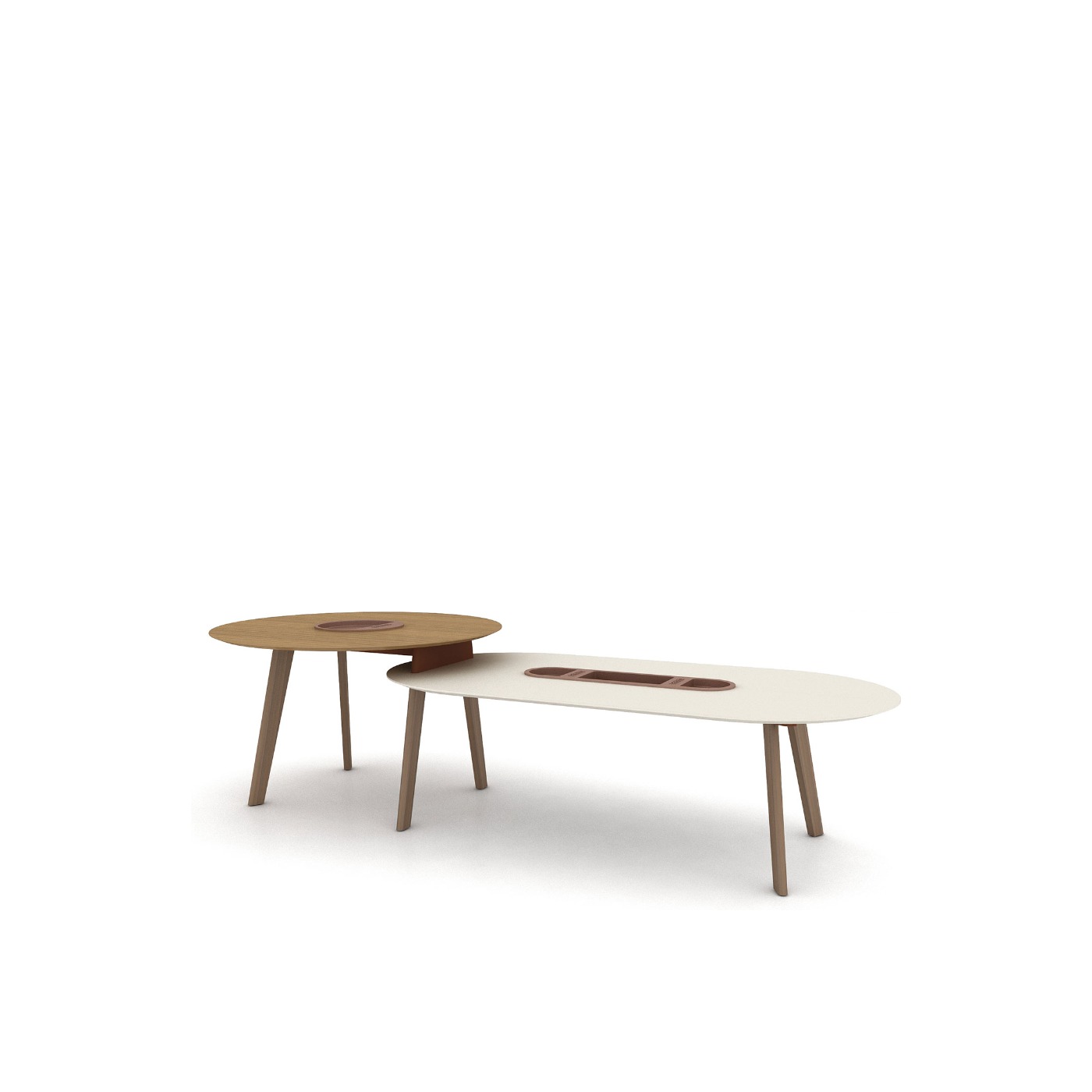 Haworth Immerse Table with 6 legs and circular top and lower elongated round top