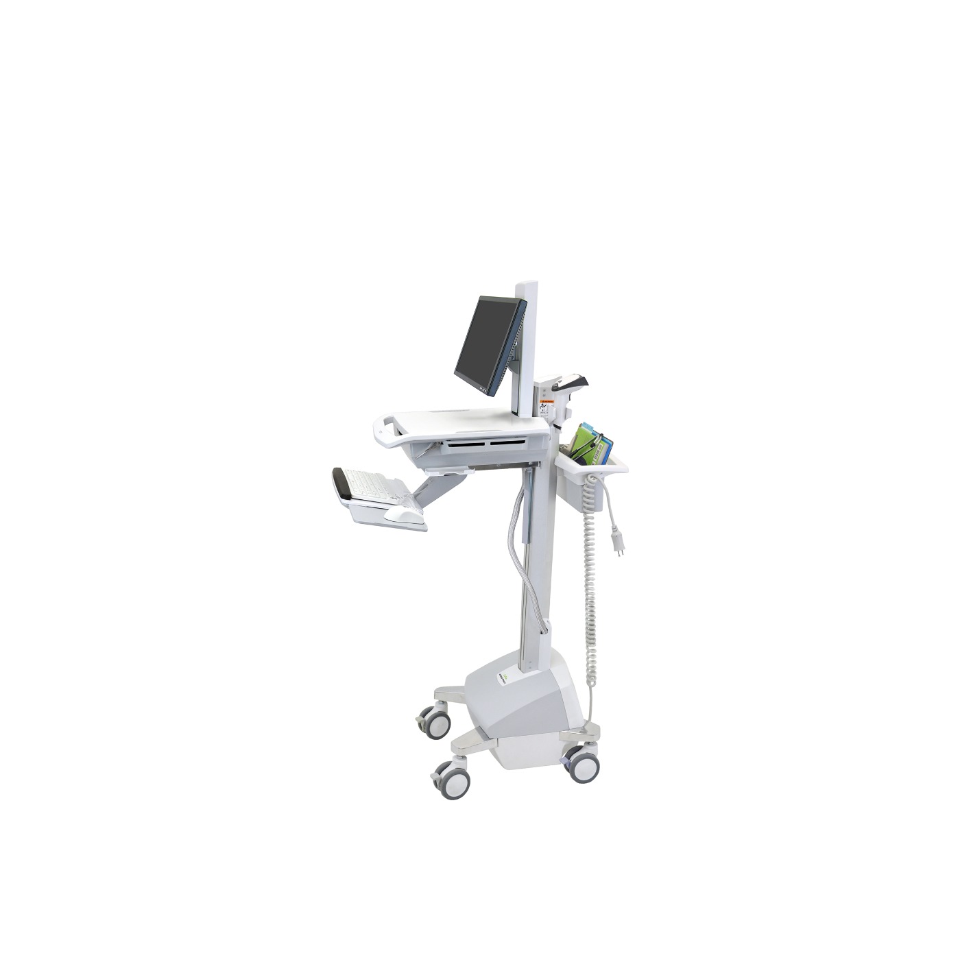 Haworth StyleView Powered Medical Cart Accessories in white and adjustable height with wheels with notebooks in it and monitor attached