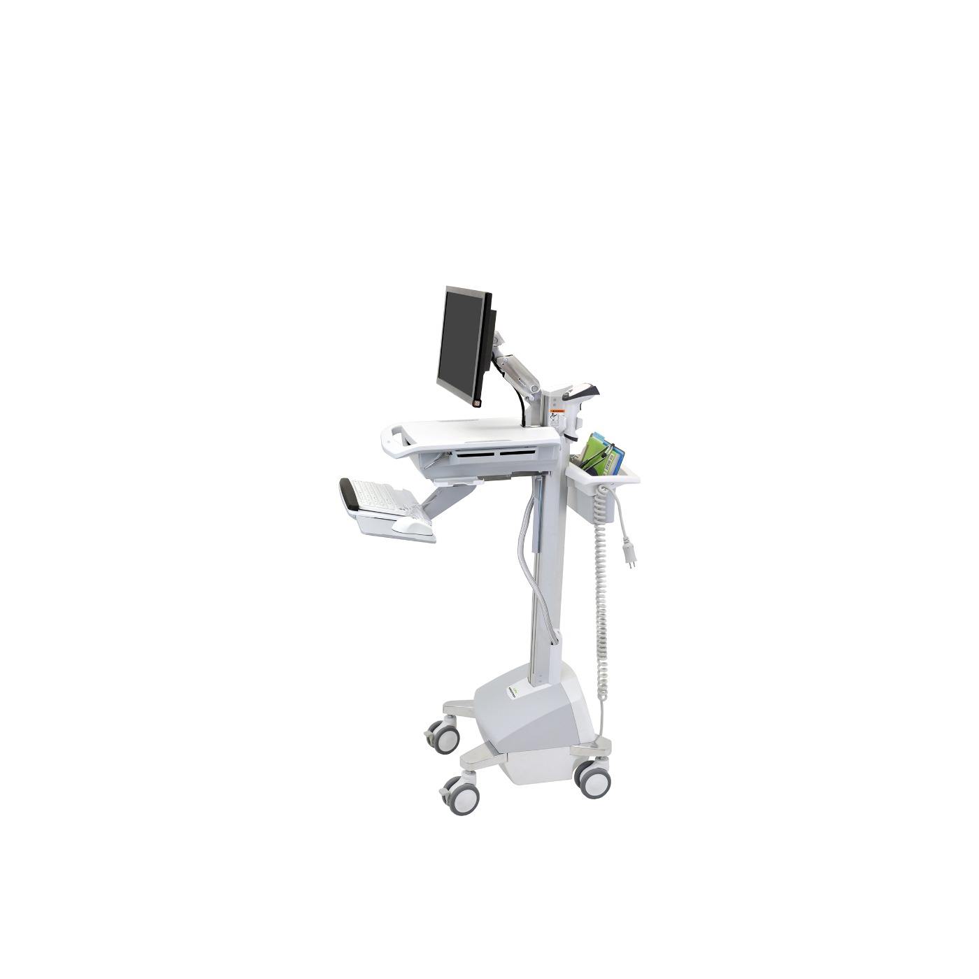 Haworth StyleView Powered Medical Cart Accessories in white and adjustable height with wheels with notebooks in it and monitor attached