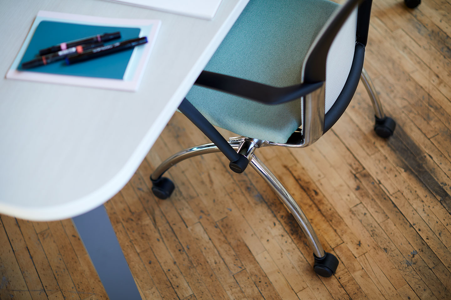 Close up of blue X99 seminar chair