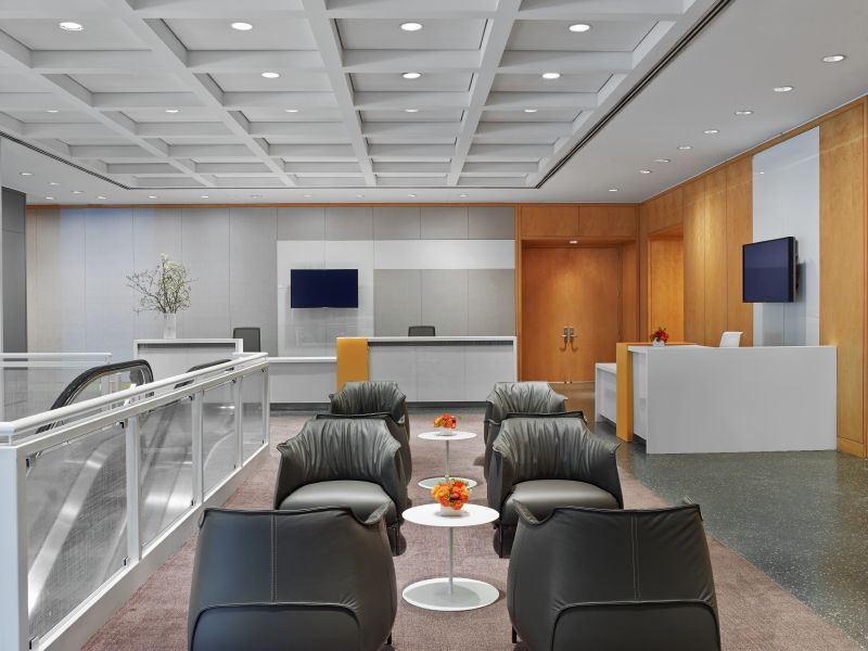 Haworth Archibald green lounge chairs in a reception area