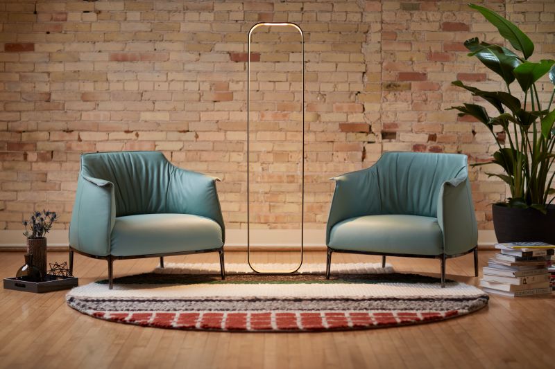 Haworth Archibald teal leather lounge chair in lobby