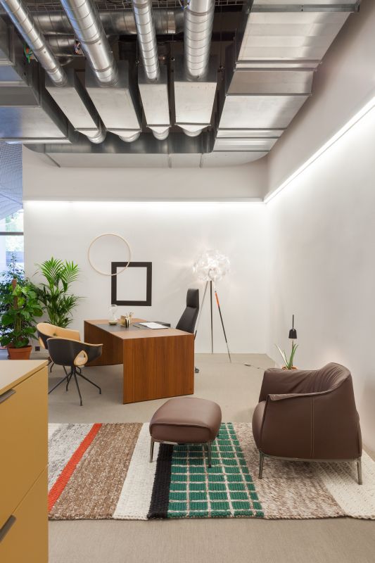 A private office using Haworth Archibald brown leather lounge chair and ottoman