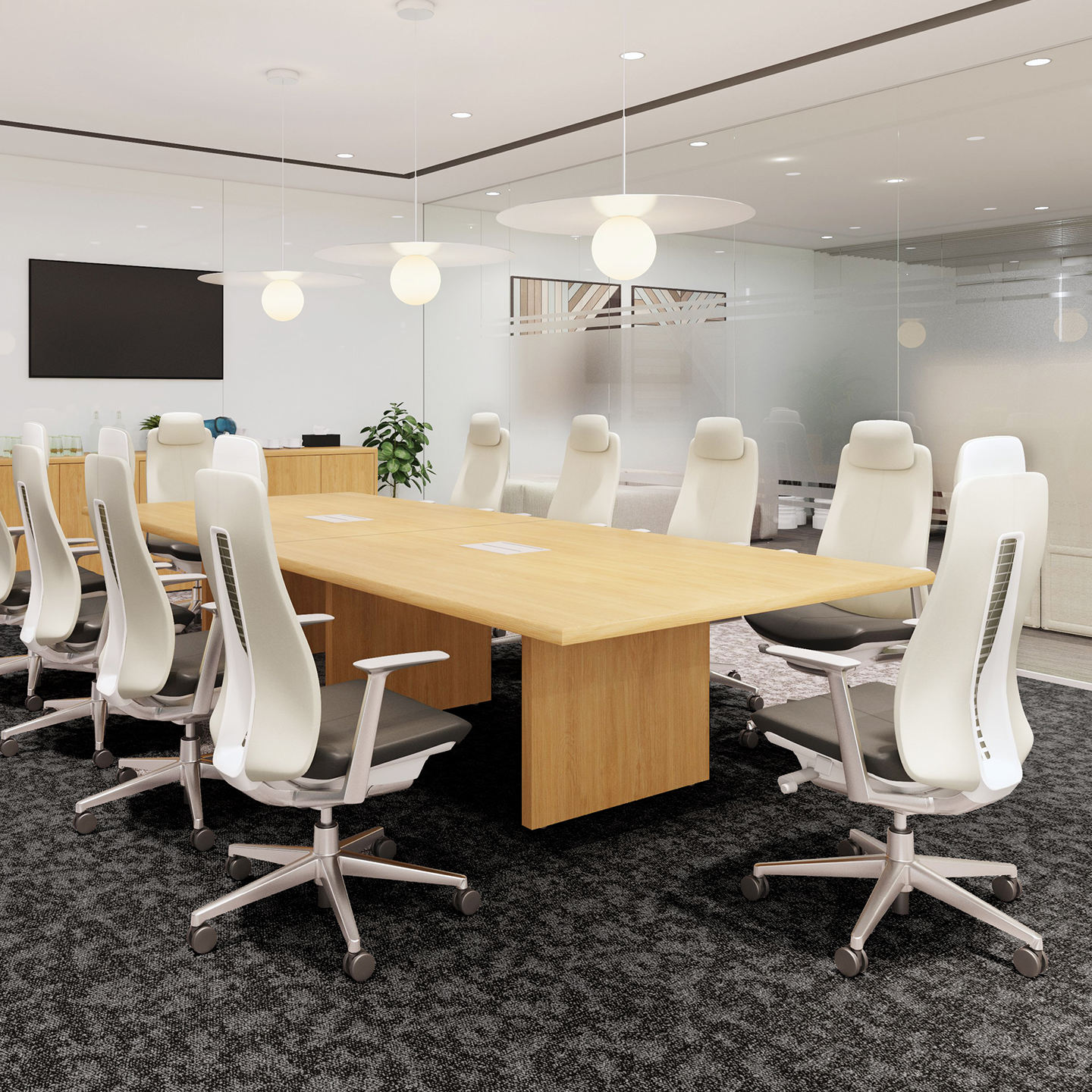 Haworth Fern Executive Task chairs in white upholstery placed at a conference table in a conference room