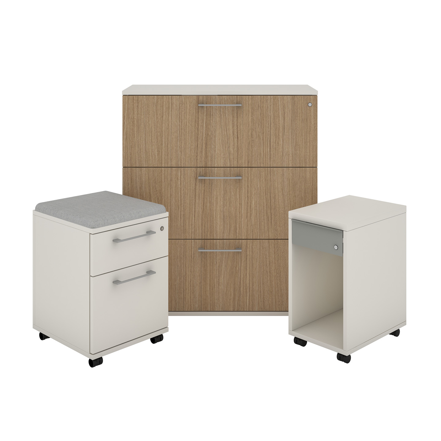 Be_Hold storage pedestals in gray with wooden three drawer unit.