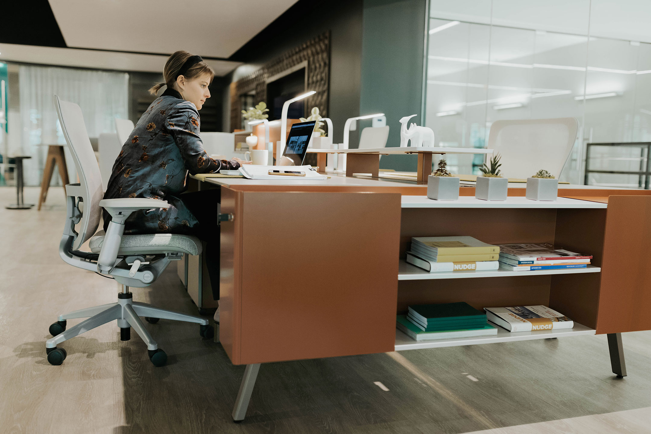 Haworth Intuity Workspace Divider in office space with employee working at desk with storage compartments next to desk with books