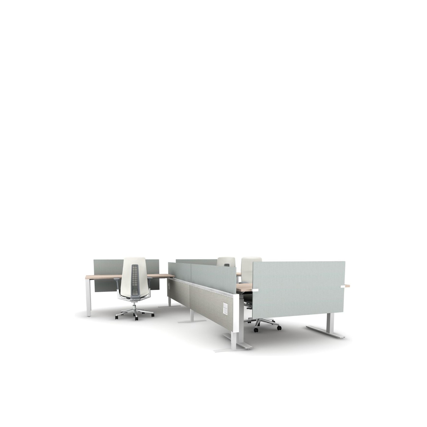 Haworth Compose Beam Workspace divider in grey in office mock up with fern chair and height adjustable table