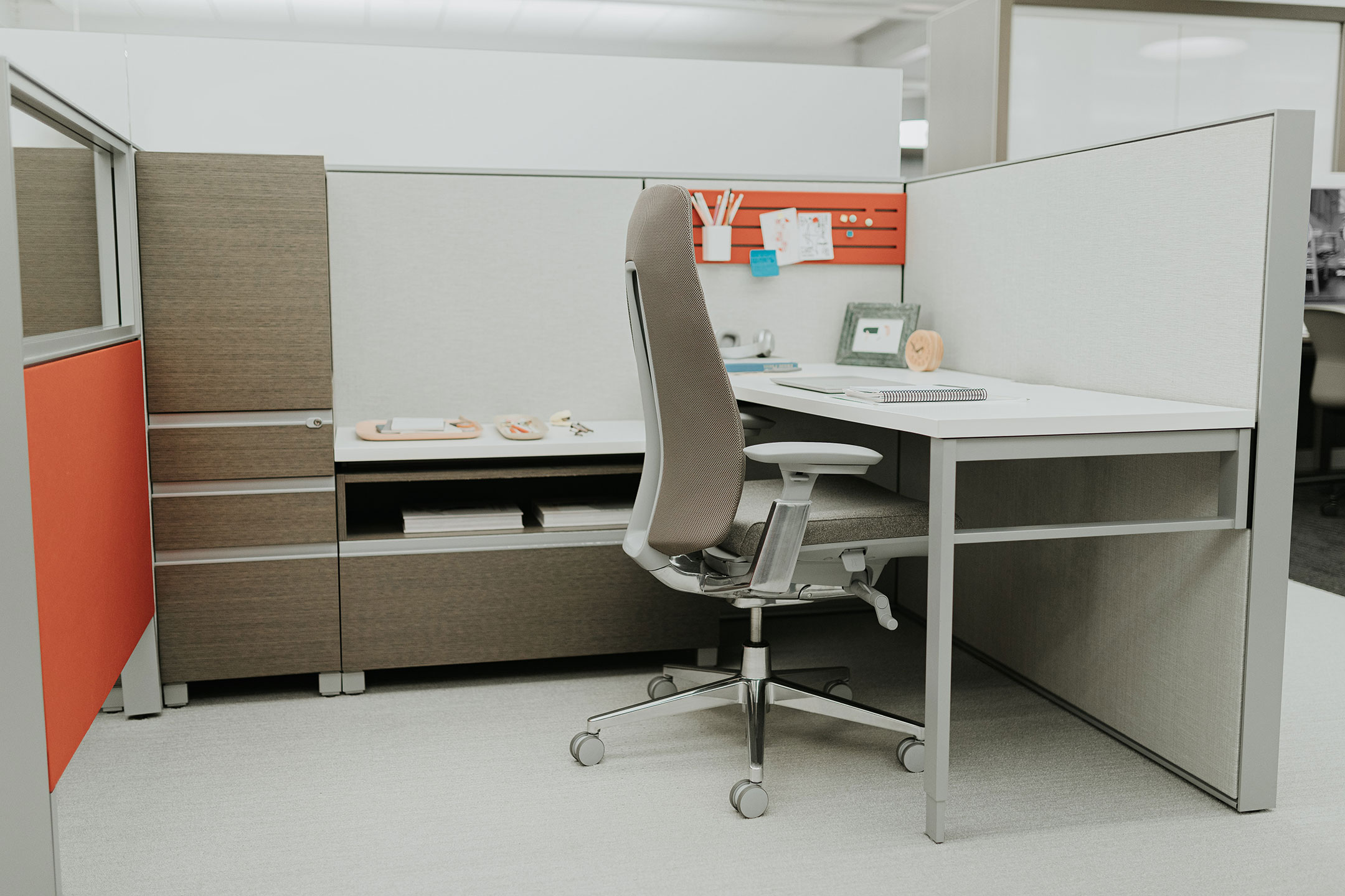 Haworth Compose Workspace in an office space with desk and fern chair in a private area for work