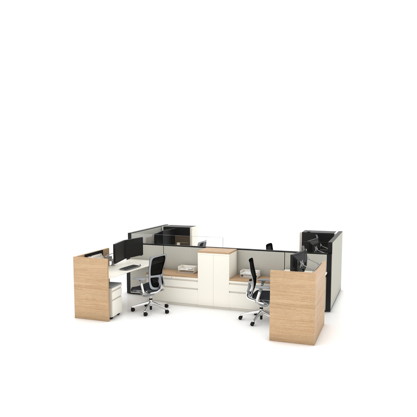 Haworth Compose Workspace in a mock up office space with dividers in-between desks with a wood finish 