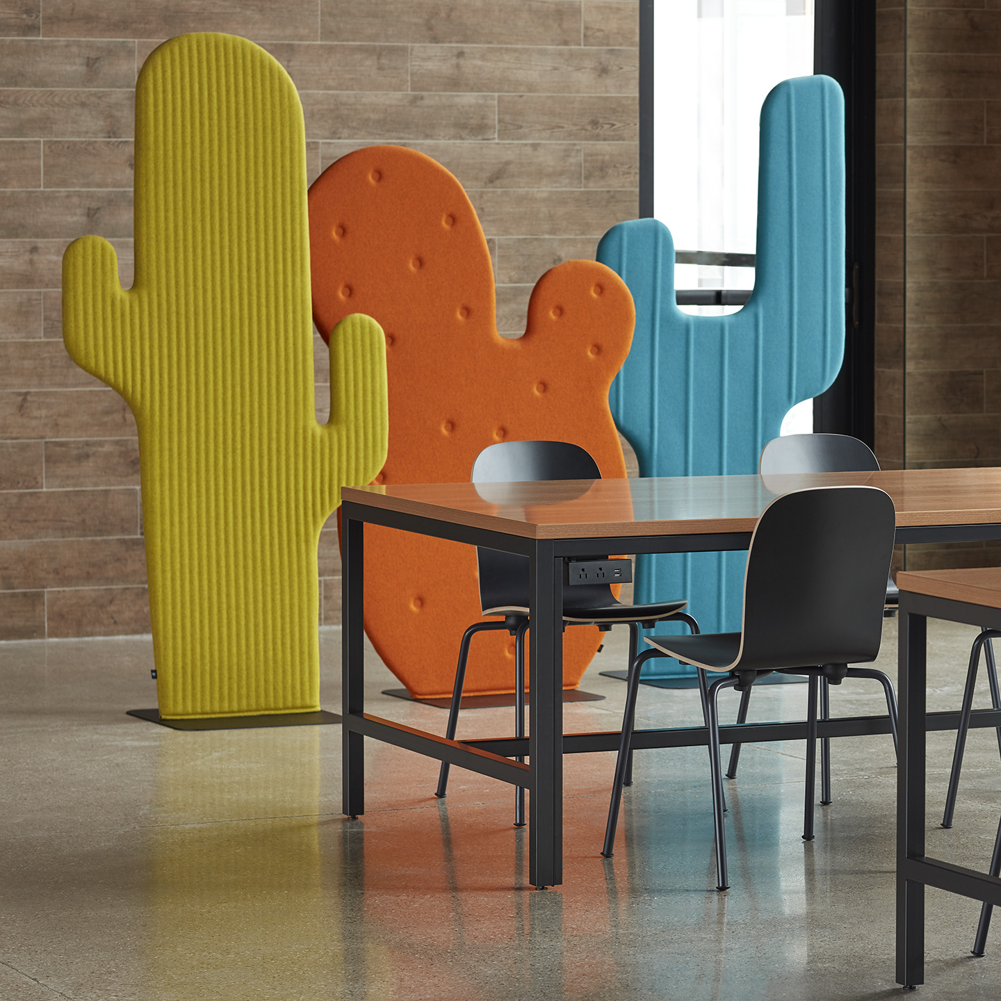 Haworth Buzzicactus screen in yellow, orange, and blue color in office space