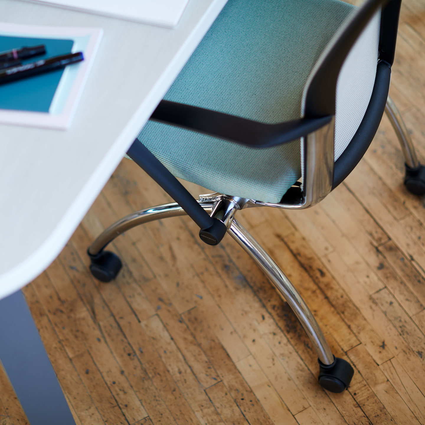 Close up of blue X99 seminar chair