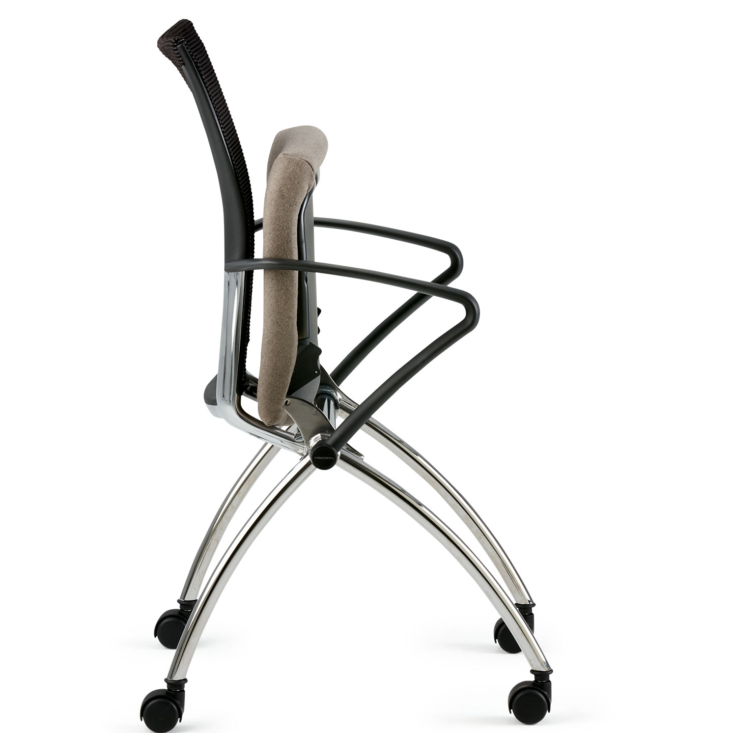 X99 Seminar with gray seat and black back whitesweep side view and folded