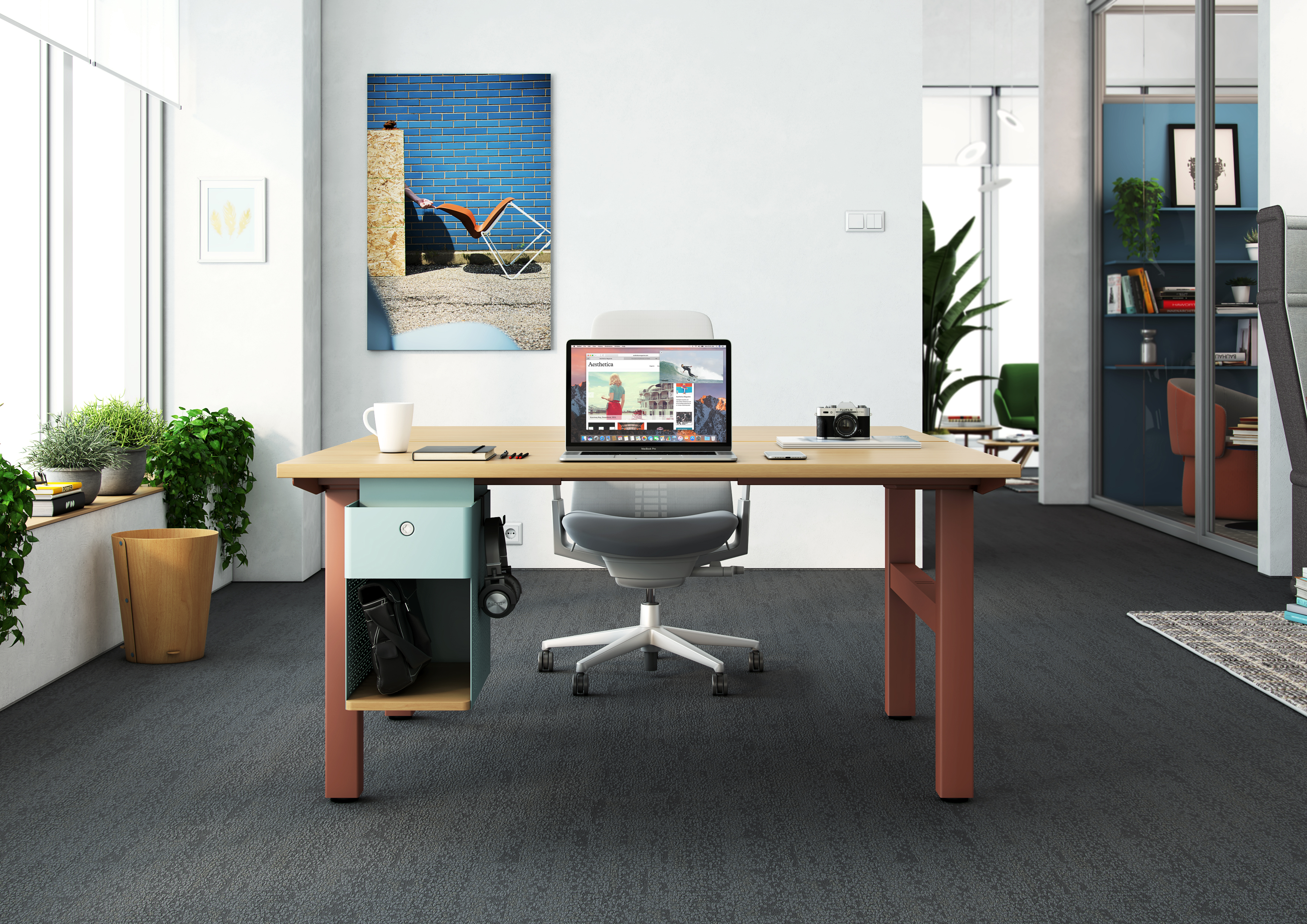 Active Components desk with blue under desk shelf and burn orange legs