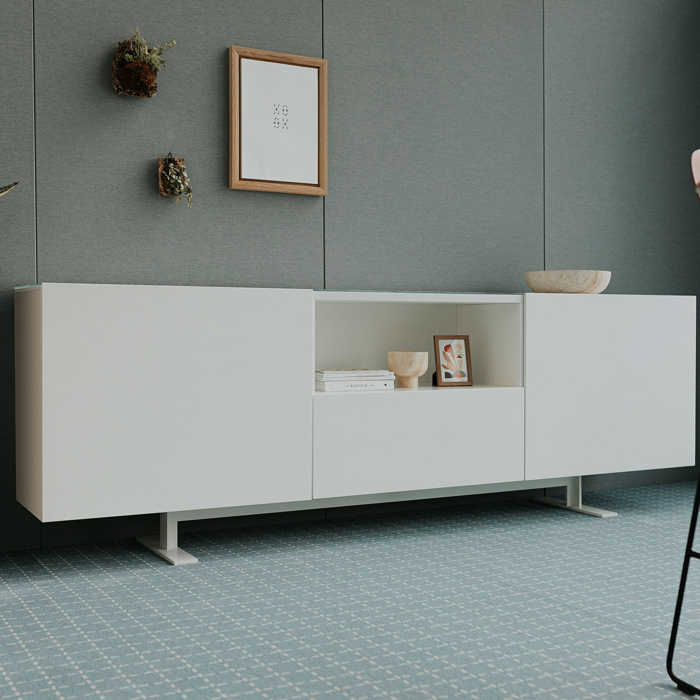 Luxor Credenza in white with open shelf. 