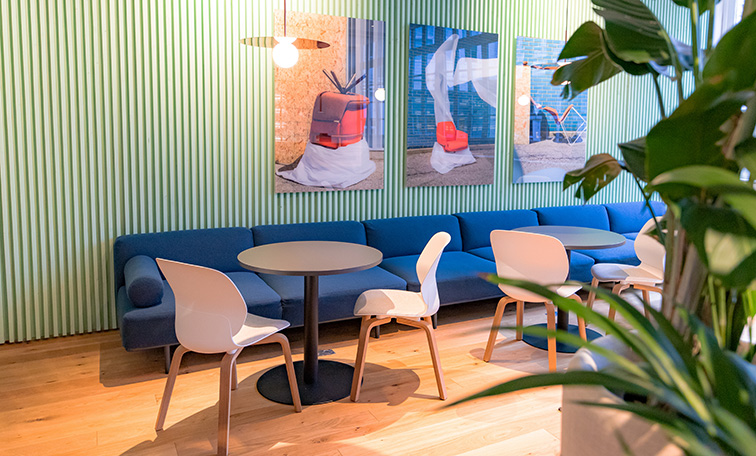 Haworth Maari chairs alongside Cabana lounge sofa in blue suede upholstery